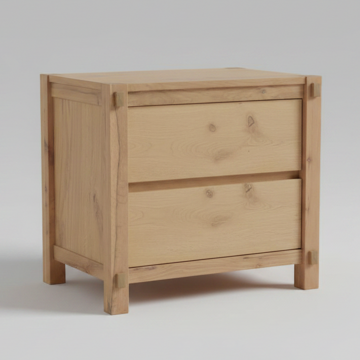 A light natural wood two-drawer nightstand or end table with a minimalist frame, shown on a neutral light gray background.