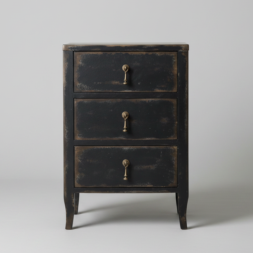 A three-drawer nightstand with a distressed black finish and antique brass drawer pulls, photographed against a neutral light gray background.