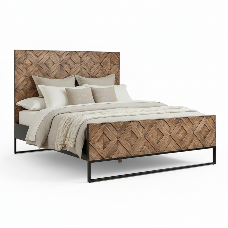 ANTIQUE OAK MOSAIC PANEL BED