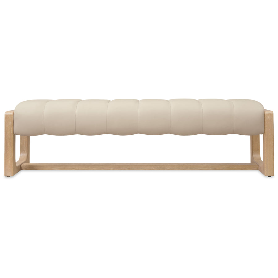 Sunbleached beige leather Banyon bedroom bench with a modern, elegant design.