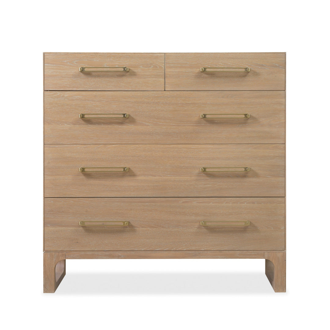 Wooden dresser with a light oak finish, five drawers, and brass handles.