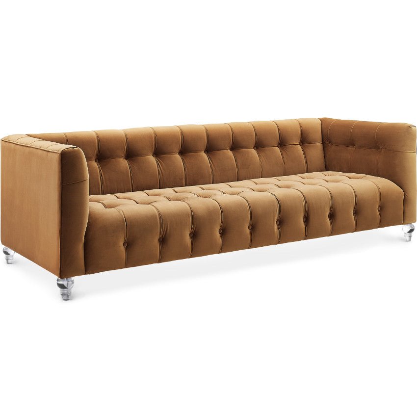 BEATRICE TUFTED VELVET SOFA + LUCITE LEGS