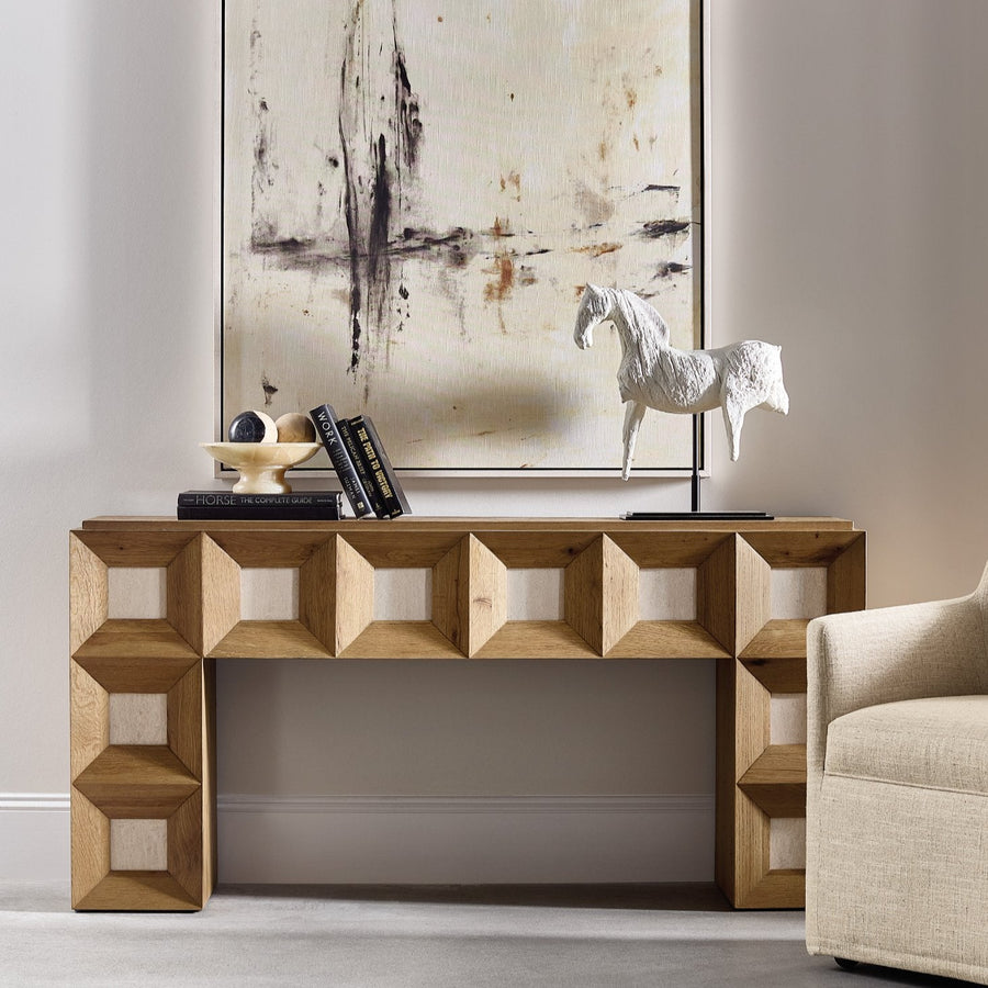 BLOCKED OAK + TRAVERTINE CONSOLE TABLE