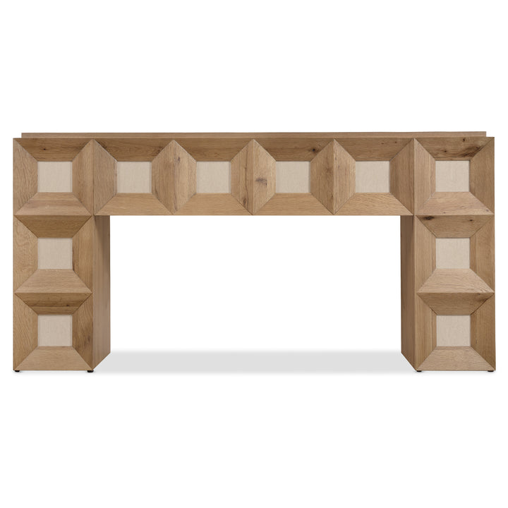 BLOCKED OAK + TRAVERTINE CONSOLE TABLE