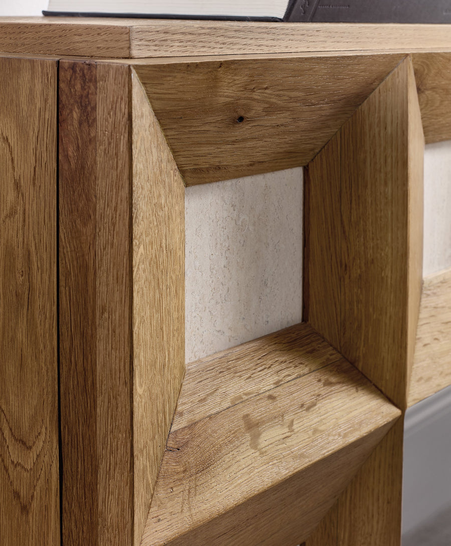 BLOCKED OAK + TRAVERTINE CONSOLE TABLE