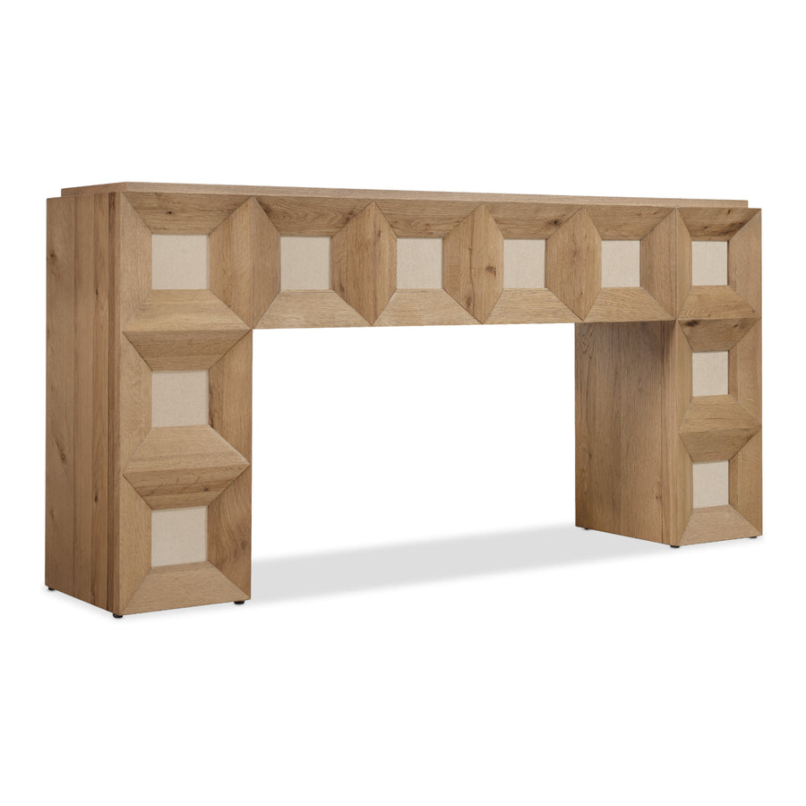 BLOCKED OAK + TRAVERTINE CONSOLE TABLE