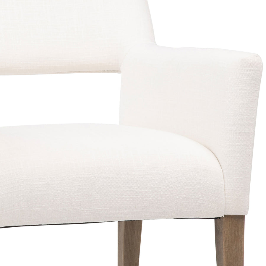 Close-up of a white upholstered chair with wooden legs on a white background