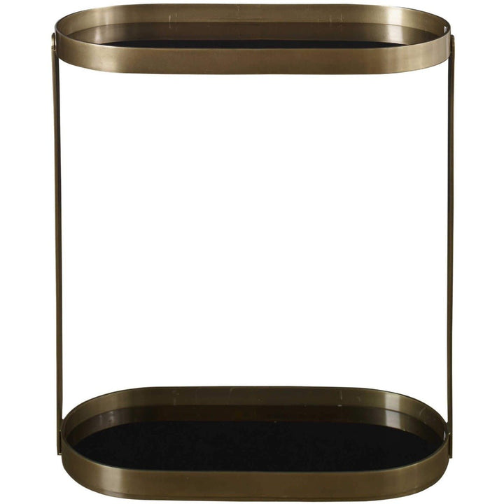 BRASS OVAL + BLACK GLASS SHELF TABLE