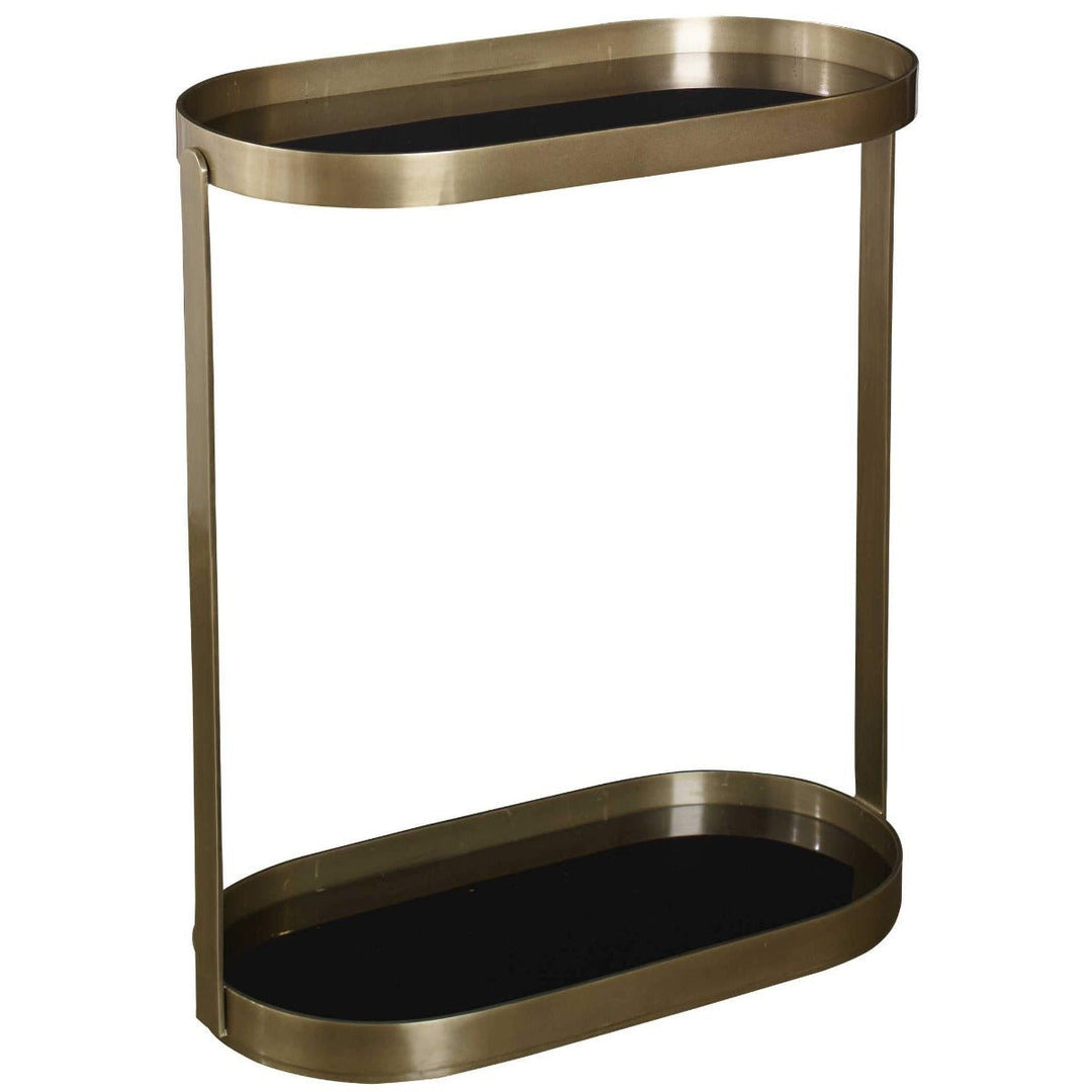 BRASS OVAL + BLACK GLASS SHELF TABLE