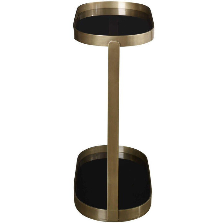 BRASS OVAL + BLACK GLASS SHELF TABLE