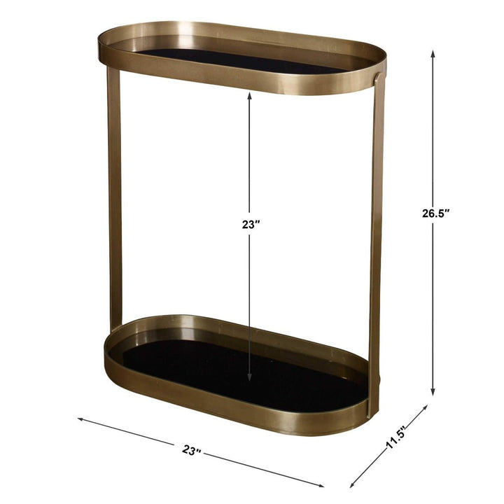 BRASS OVAL + BLACK GLASS SHELF TABLE