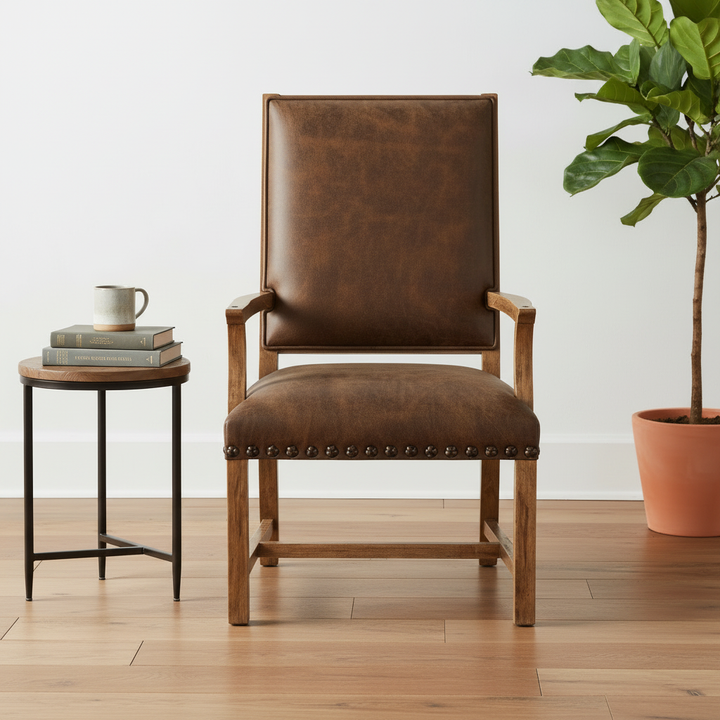 A brown leather upholstered armchair with wooden arms and legs, set in a room with a light wood floor, a small side table with books and a mug, and a potted fiddle-leaf fig plant.