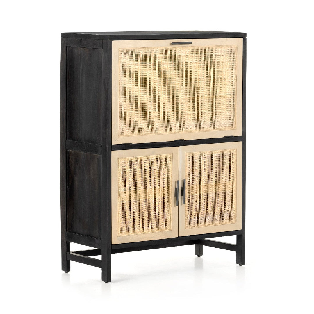 CAPRICE BLACK WASH MANGO WOOD + CANE BAR CABINET