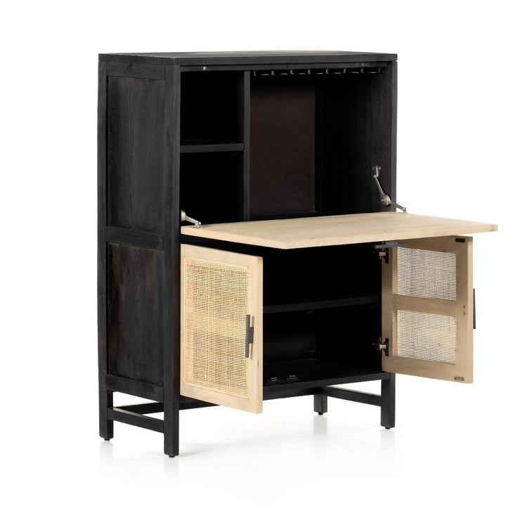 CAPRICE BLACK WASH MANGO WOOD + CANE BAR CABINET