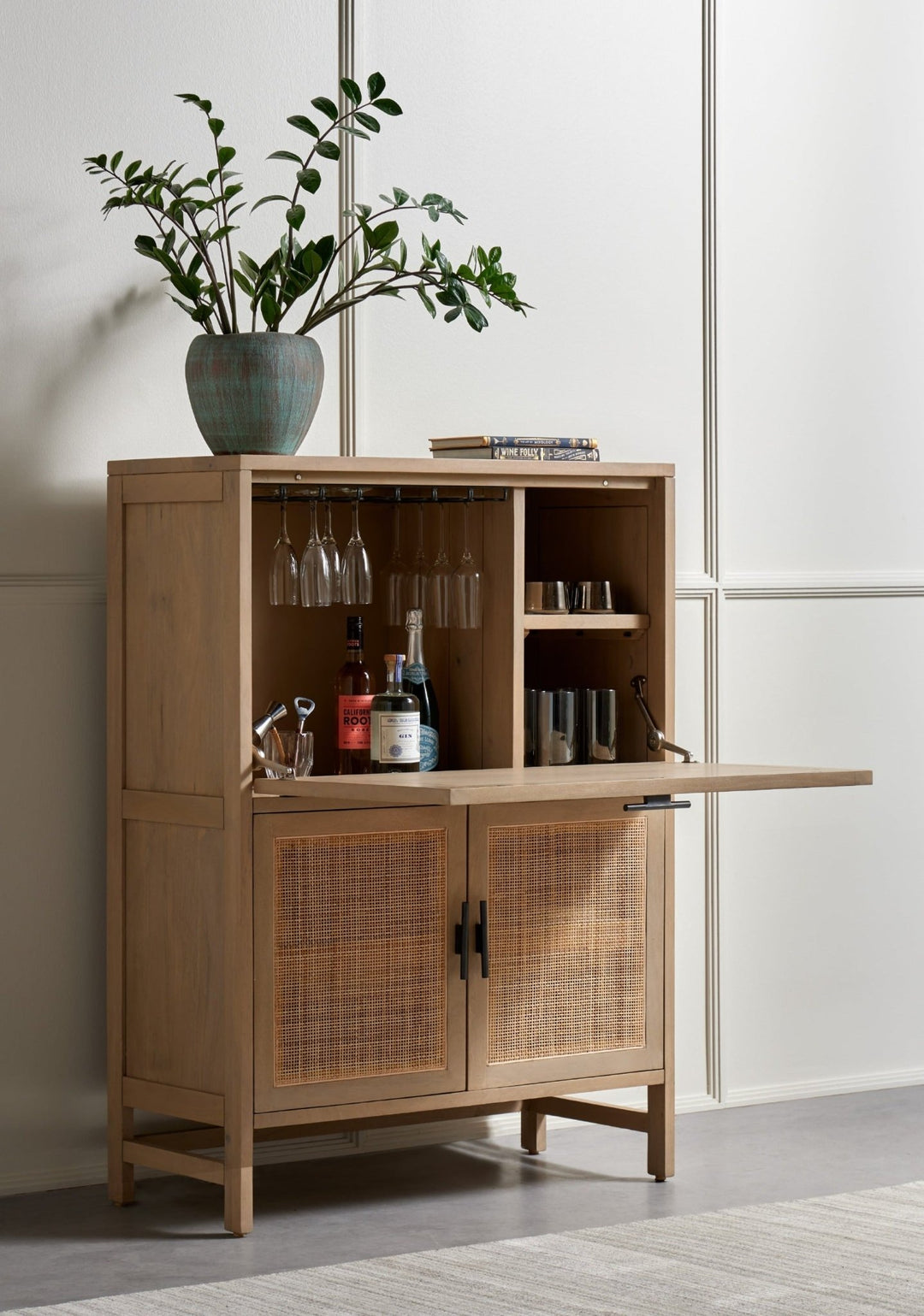 CAPRICE NATURAL MANGO WOOD + CANE BAR CABINET