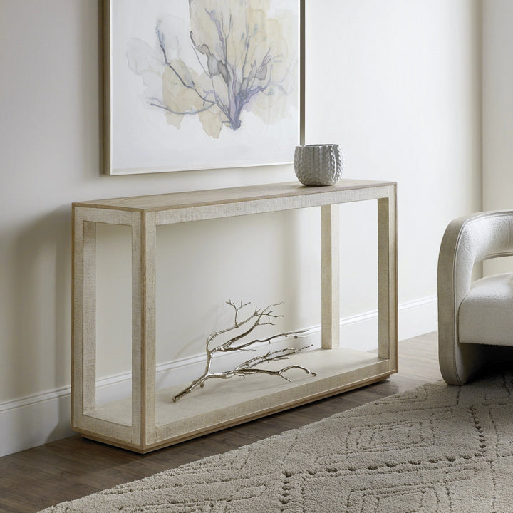 CASCADE WOOD + BURLAP CONSOLE TABLE