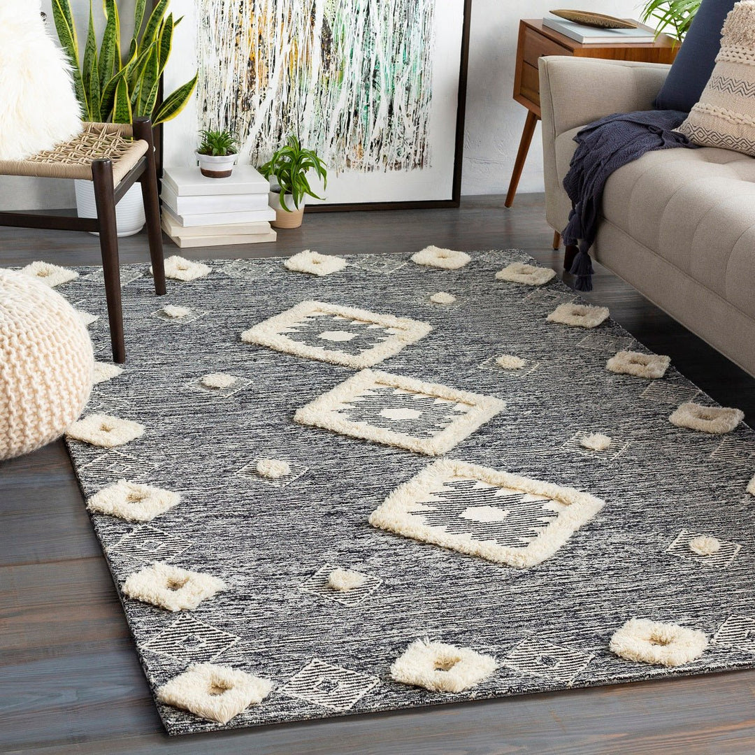 CHEROKEE BORDERED WOOL RUG: BLACK + CREAM