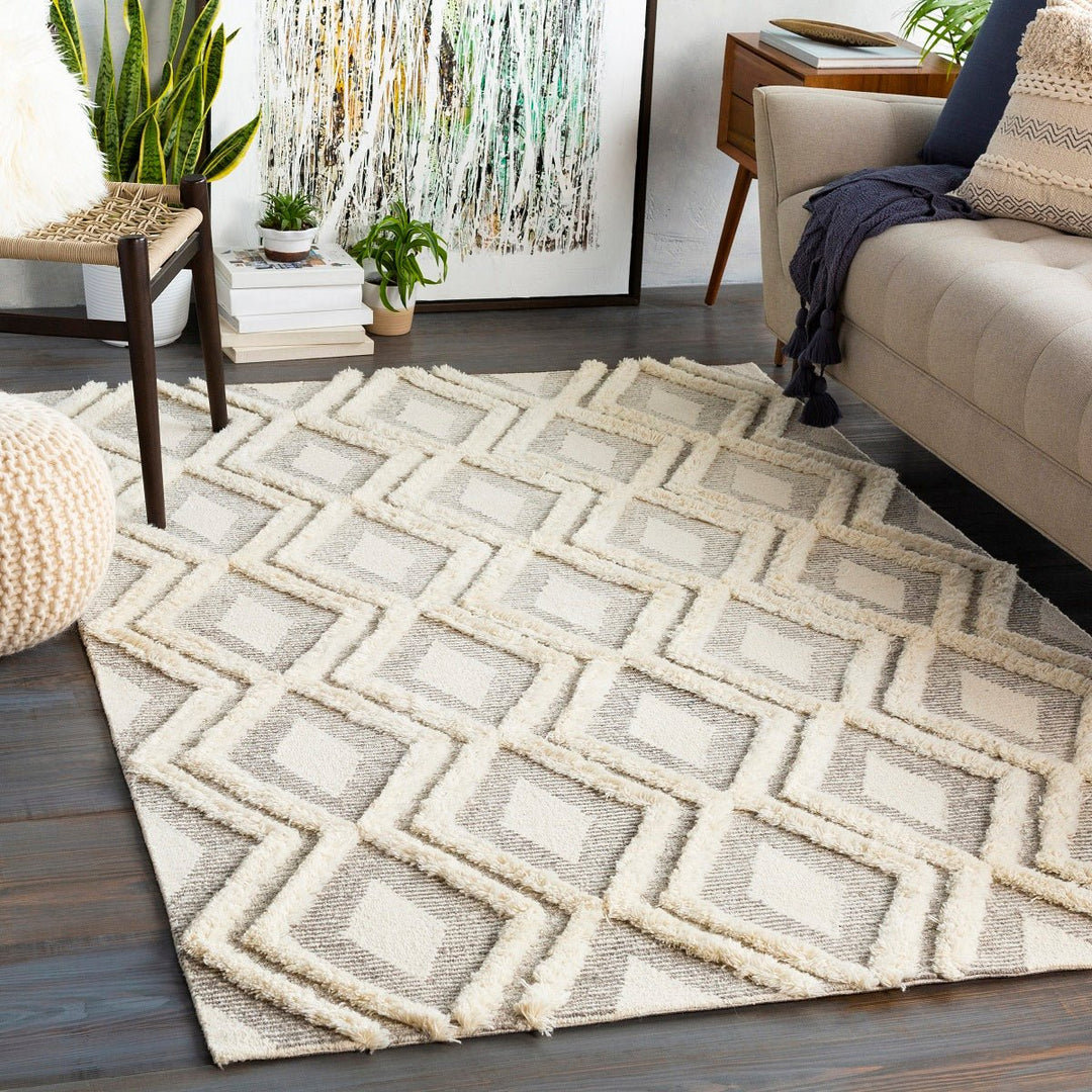 CHEROKEE DIAMOND WOOL RUG: CREAM + STONE