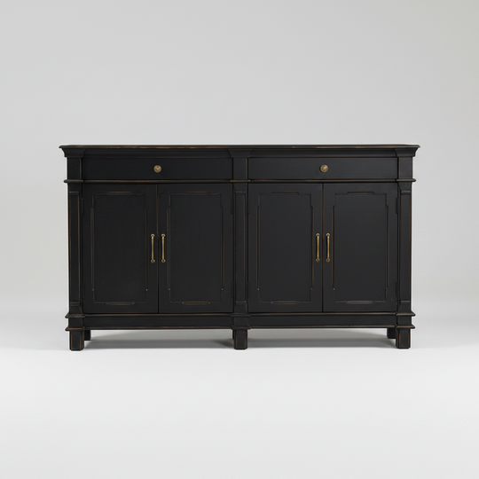 A distressed black wooden sideboard cabinet with brass handles and knobs, featuring two drawers on top and four doors below