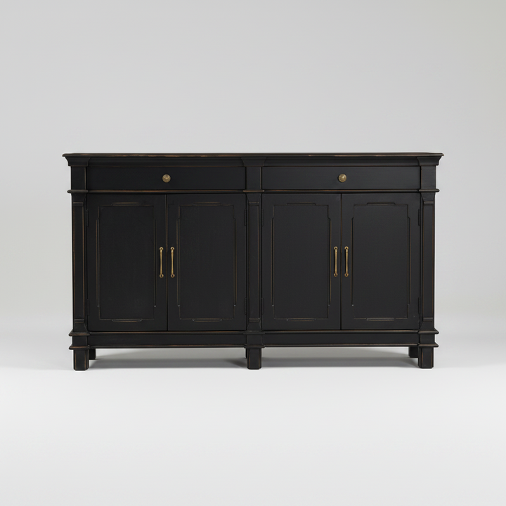 A distressed black wooden sideboard cabinet with brass handles and knobs, featuring two drawers on top and four doors below