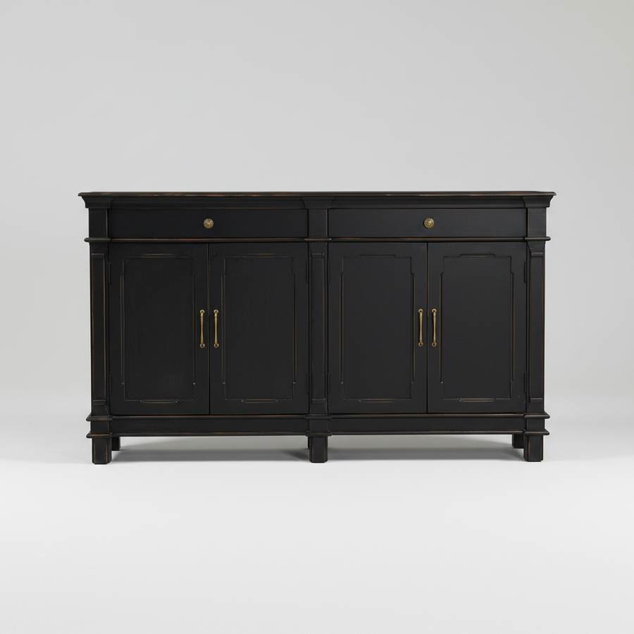 A distressed black wooden sideboard cabinet with brass handles and knobs, featuring two drawers on top and four doors below