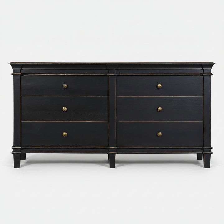Black dresser with gold accents on a white background