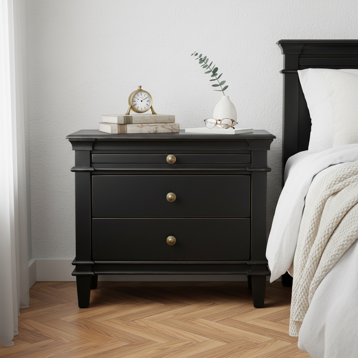A black wooden nightstand with round brass knobs