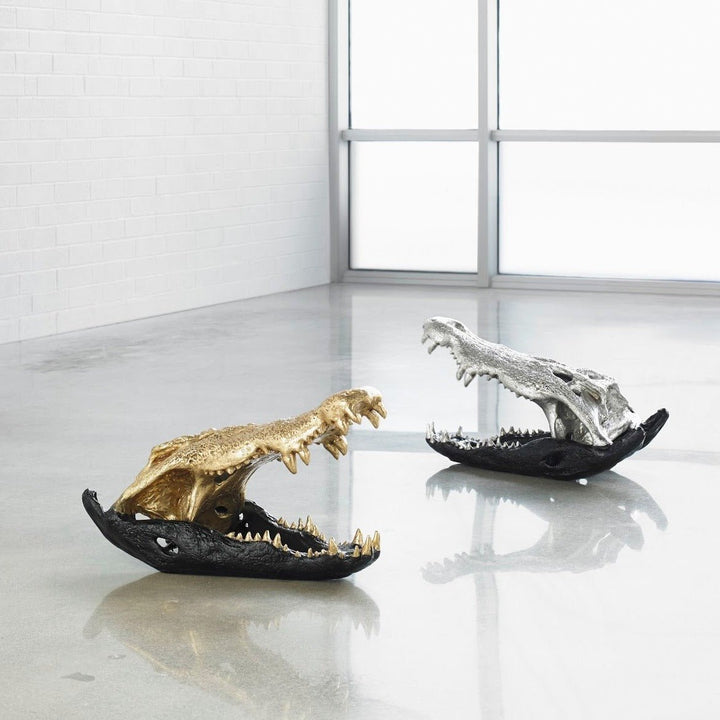 CROCODILE SKULL SCULPTURE: BLACK, GOLD