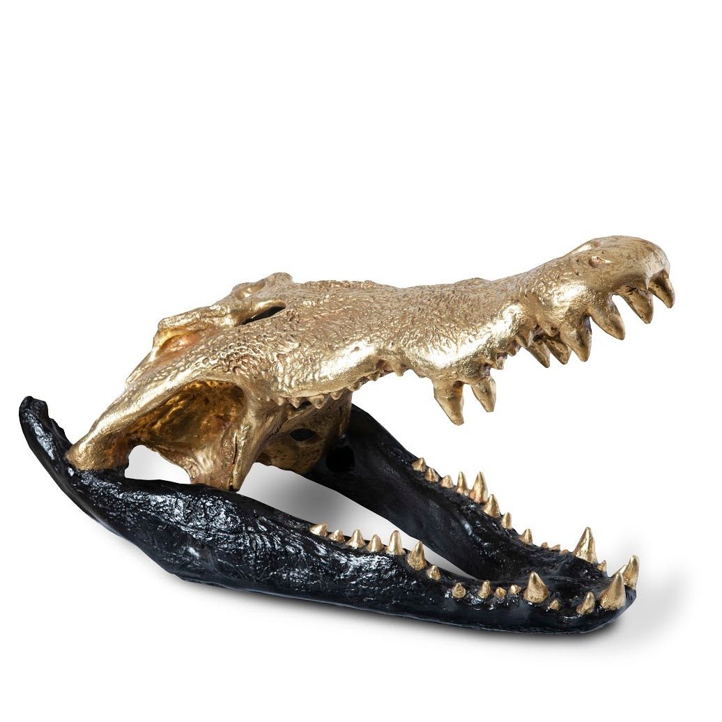 CROCODILE SKULL SCULPTURE: BLACK, GOLD