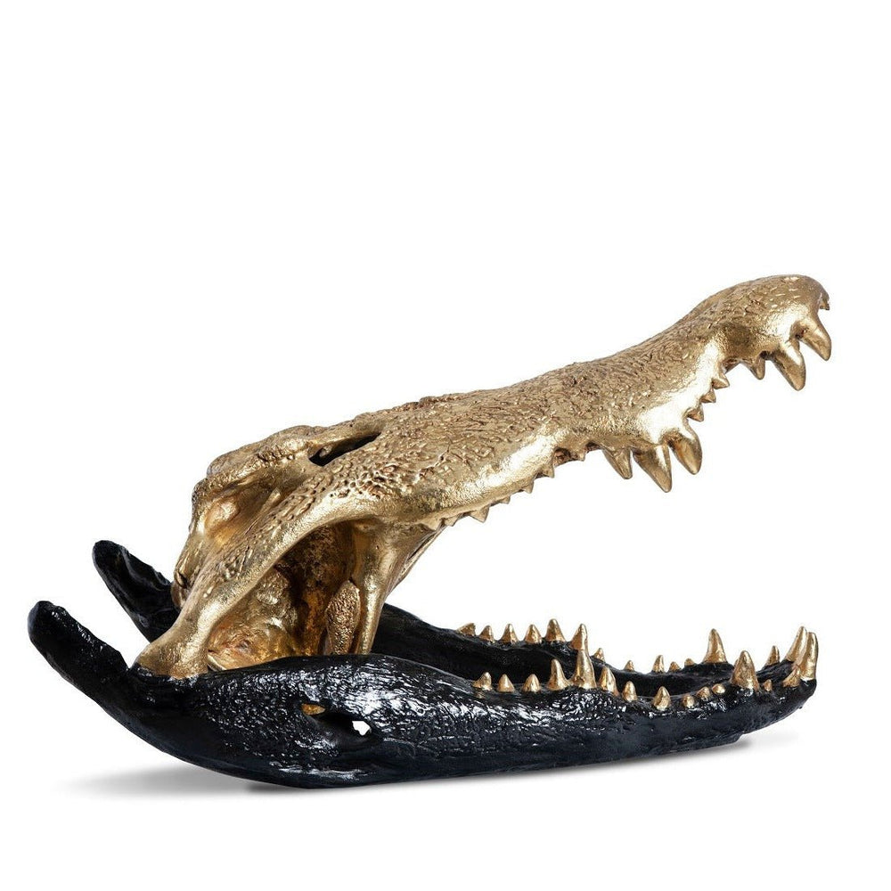 CROCODILE SKULL SCULPTURE: BLACK, GOLD