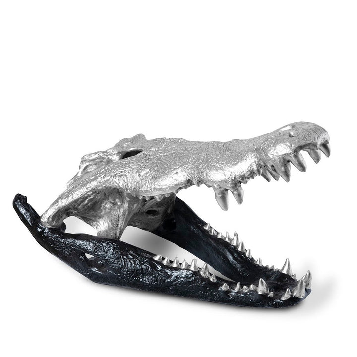 CROCODILE SKULL SCULPTURE: BLACK, SILVER