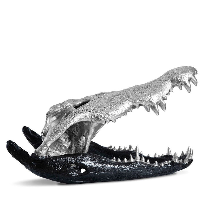 CROCODILE SKULL SCULPTURE: BLACK, SILVER