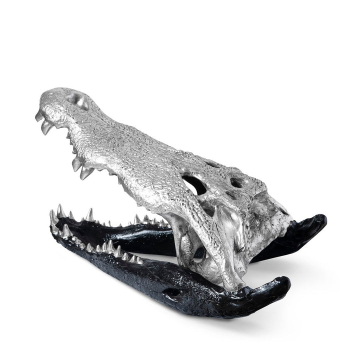 CROCODILE SKULL SCULPTURE: BLACK, SILVER