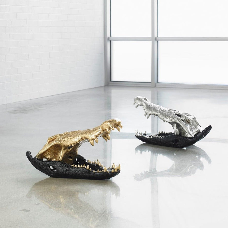 CROCODILE SKULL SCULPTURE: BLACK, SILVER