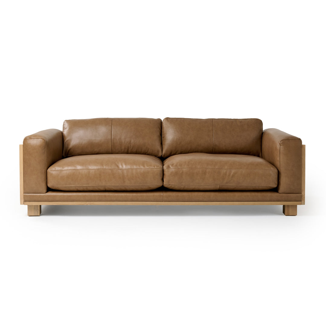 DANSON TAN LEATHER + WICKER SOFA