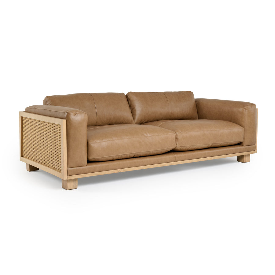 DANSON TAN LEATHER + WICKER SOFA