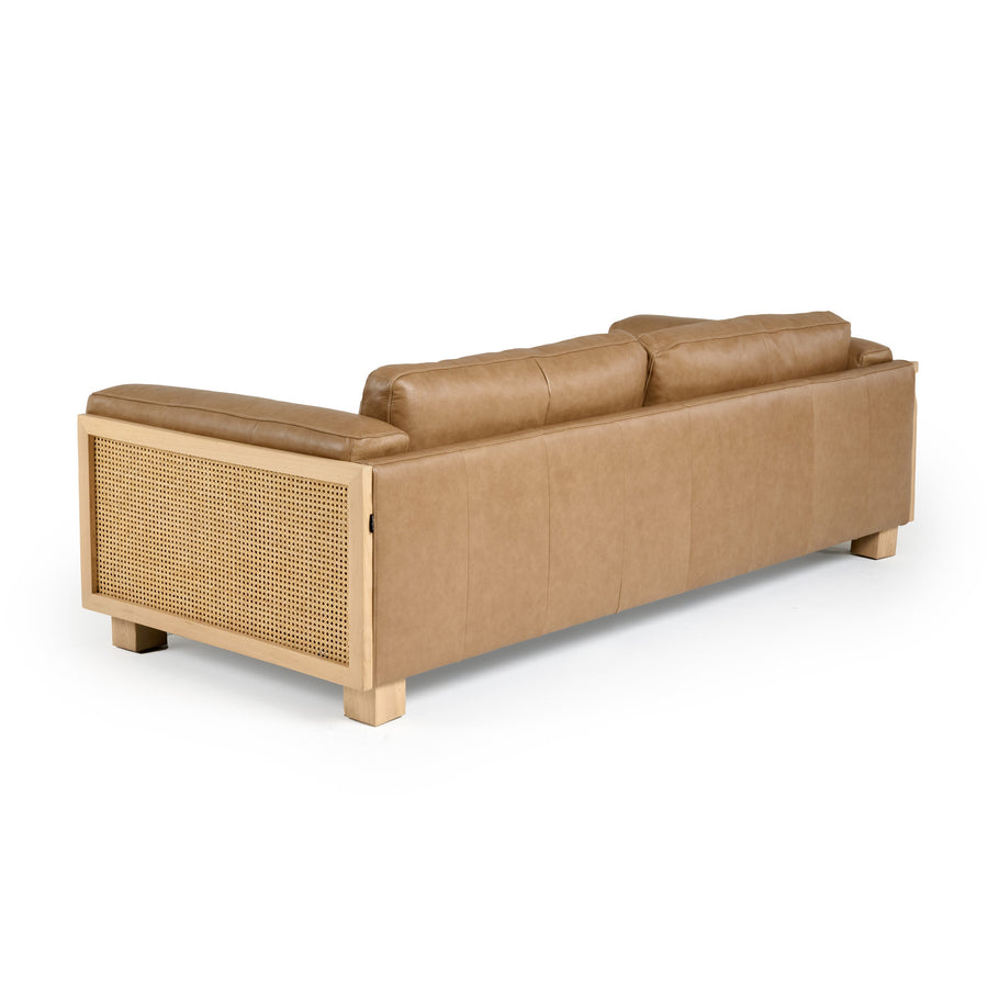 DANSON TAN LEATHER + WICKER SOFA