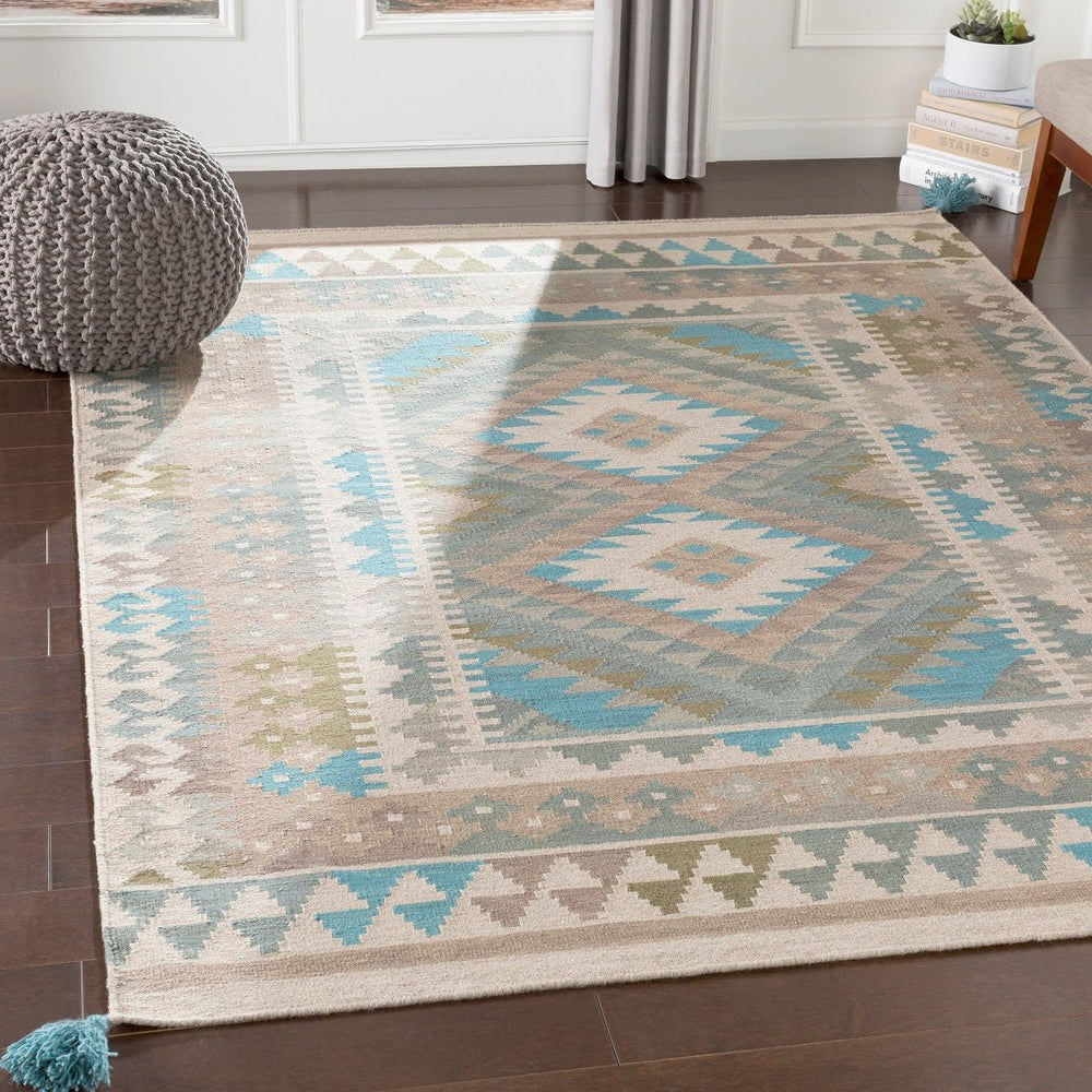 DEJA KILIM RUG: SAGE, MOSS, AQUA