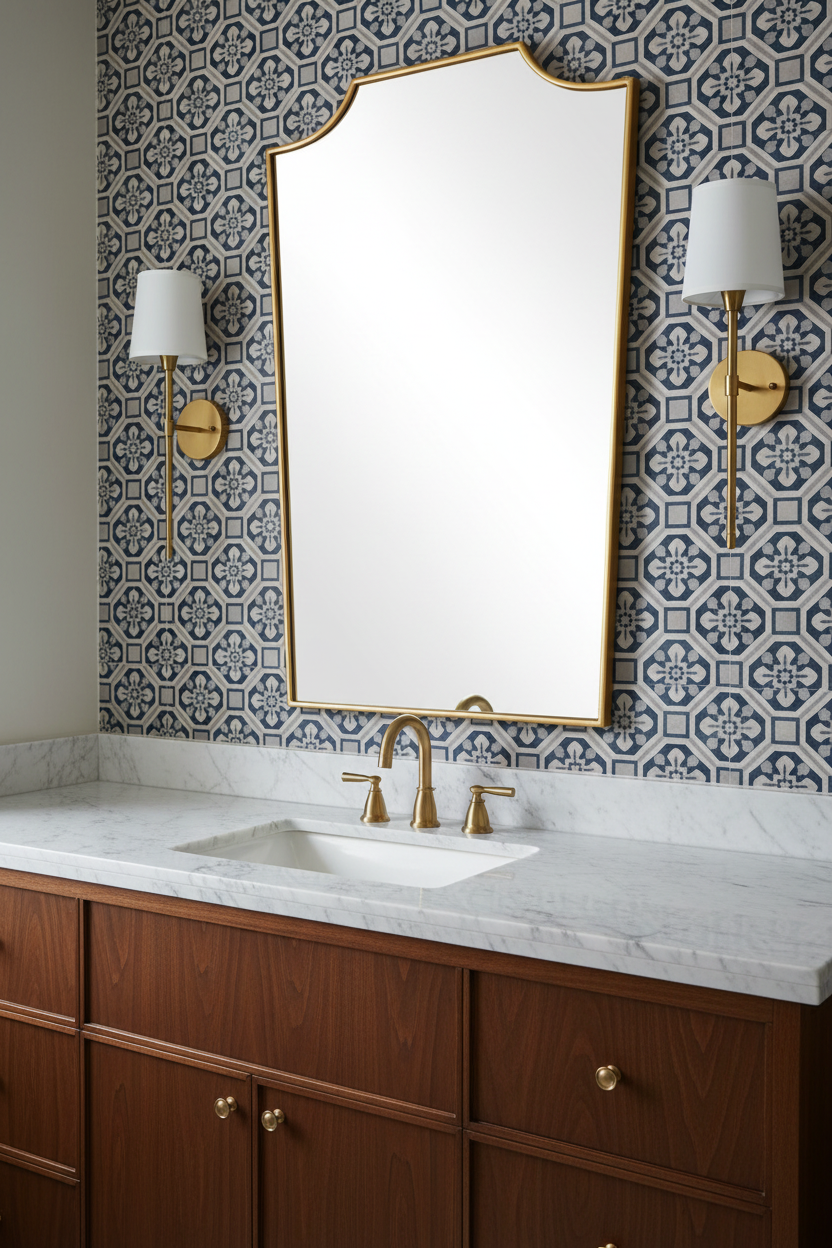 A large rectangular wall mirror with a gold frame hangs above a white marble bathroom vanity with a brass faucet. The wall behind features blue and white geometric patterned tile, and two white sconces flank the mirror.
