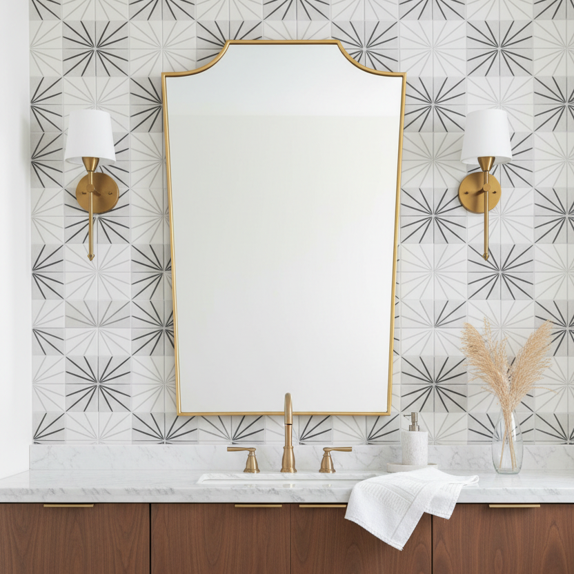 A large arched-top bathroom mirror with a gold frame hangs above a white marble sink and wooden vanity, flanked by two gold wall sconces against a patterned tile wall.