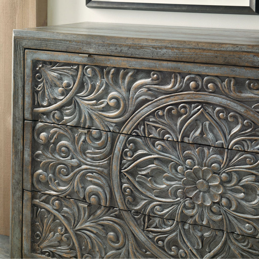 DHARMA ANTIQUE BLUE CARVED WOOD ACCENT CHEST