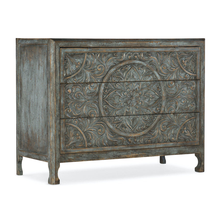 DHARMA ANTIQUE BLUE CARVED WOOD ACCENT CHEST