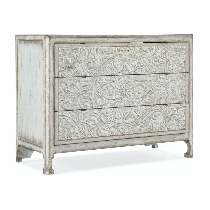 DHARMA ANTIQUE WHITE CARVED WOOD ACCENT CHEST