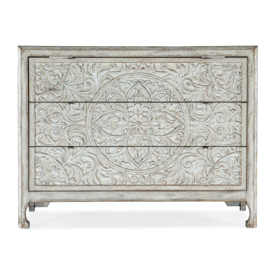 DHARMA ANTIQUE WHITE CARVED WOOD ACCENT CHEST