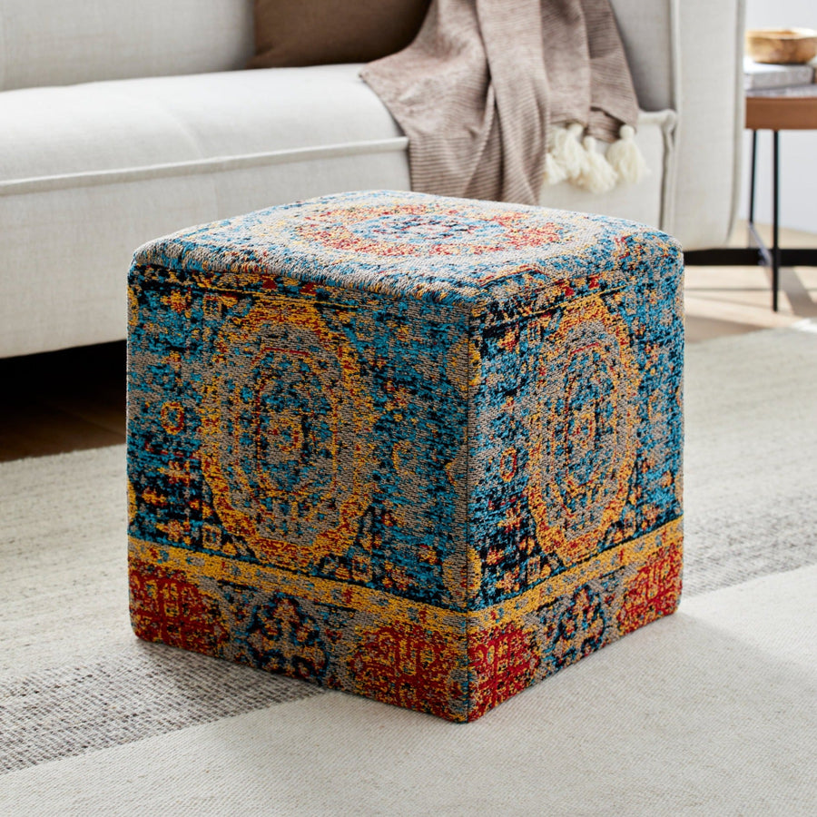 DHARMA CUBE OTTOMAN: SAFFRON, BLUE