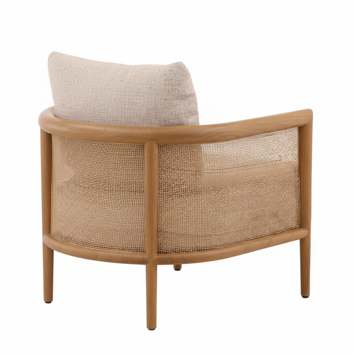 Beige armchair with woven backrest and wooden frame on a white background