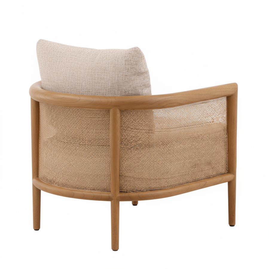 Beige armchair with woven backrest and wooden frame on a white background