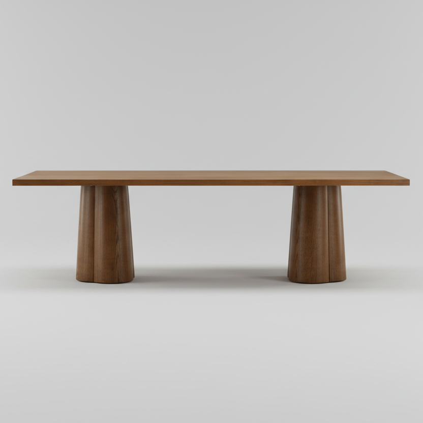 A minimalist wooden table with a rectangular top and two fluted pedestal legs, shown against a neutral light gray background.