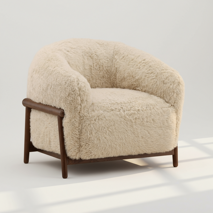 Beige fluffy armchair with wooden frame on a white background