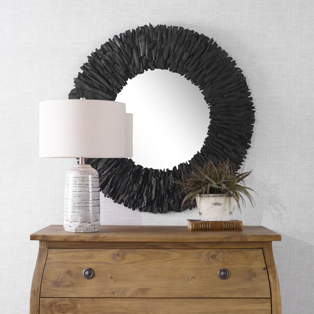 DRIFTED TEAK ROUND MIRROR: BLACK